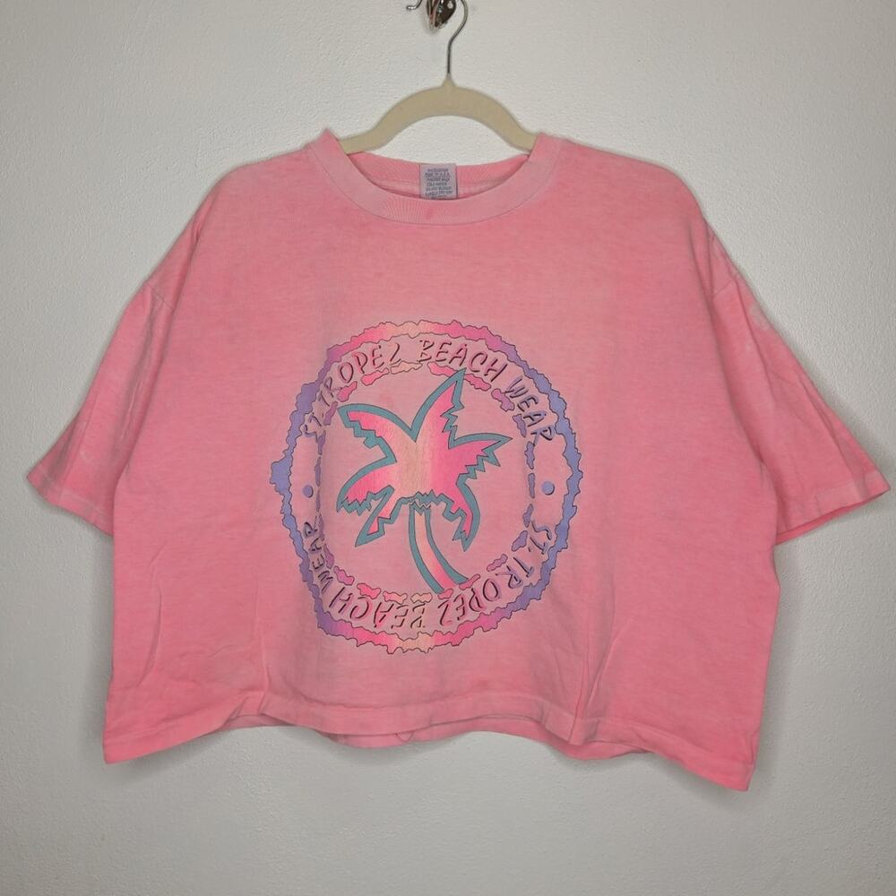 Vintage Pink Crop St. Tropez 80s 90s Worn Faded Acid Wash Style Shirt Neon